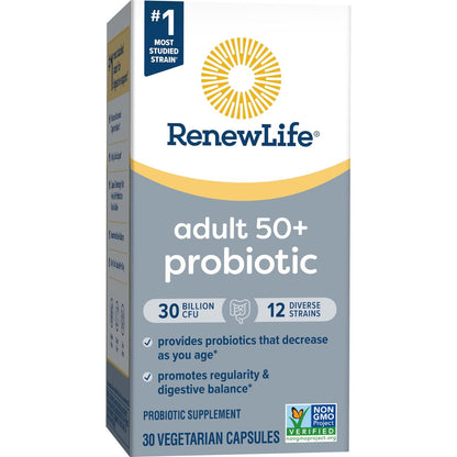 Renew Life Probiotic 50 Plus – Tägliche Unterstützung für Verdauung, Immunsystem und Harnwege, 30 Milliarden KBE, 30 Kapseln