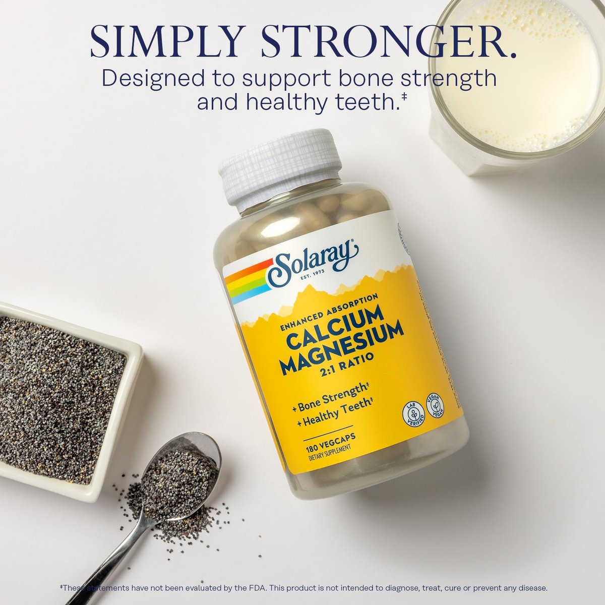 SOLARAY Calcium Magnesium Komplex – 2:1 Verhältnis für Knochengesundheit, hochdosiert, vegan, 180 Kapseln