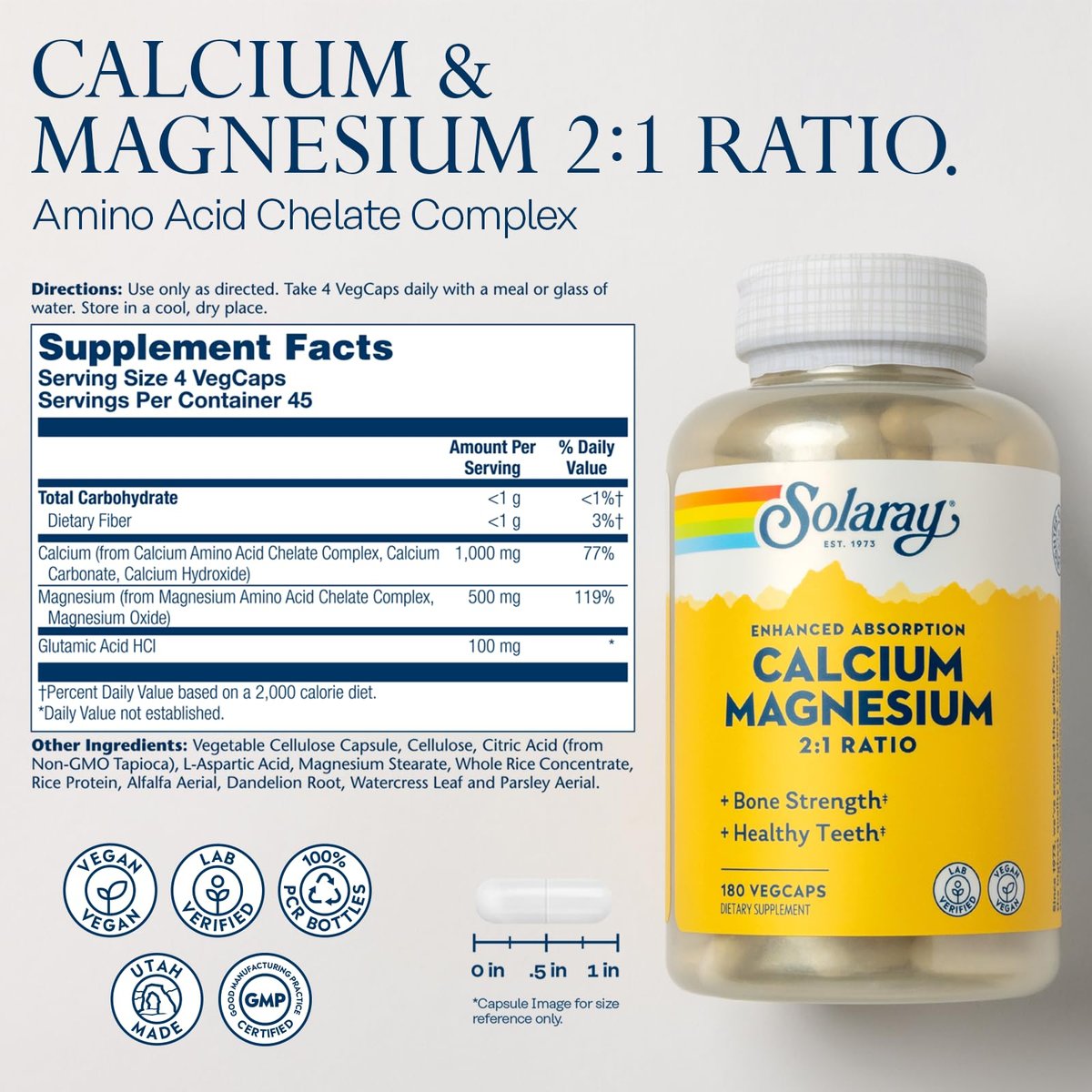 SOLARAY Calcium Magnesium Komplex – 2:1 Verhältnis für Knochengesundheit, hochdosiert, vegan, 180 Kapseln
