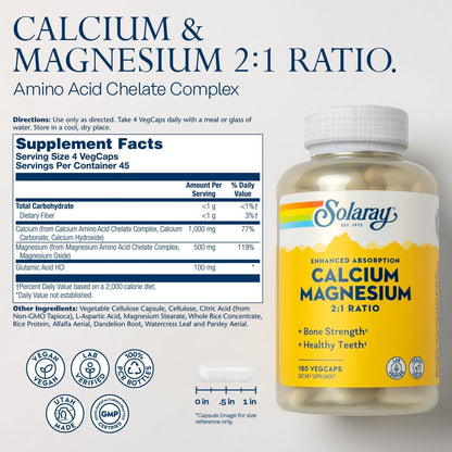 SOLARAY Calcium Magnesium Komplex – 2:1 Verhältnis für Knochengesundheit, hochdosiert, vegan, 180 Kapseln