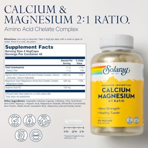 SOLARAY Calcium Magnesium Komplex – 2:1 Verhältnis für Knochengesundheit, hochdosiert, vegan, 180 Kapseln