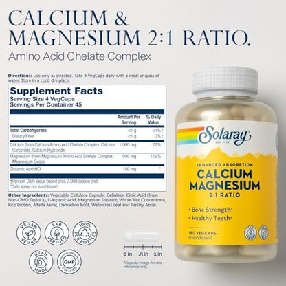 SOLARAY Calcium Magnesium Komplex – 2:1 Verhältnis für Knochengesundheit, hochdosiert, vegan, 180 Kapseln