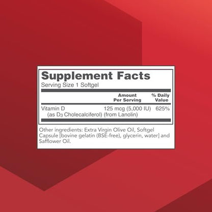PROTOCOL FOR LIFE BALANCE - Vitamin D3 5000 IE (Hochdosiert) Unterstützt Kalziumaufnahme, Knochen- und Zahngesundheit, Immunsystem, Nervensystem und kognitive Funktion - 120 Softgels