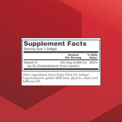 PROTOCOL FOR LIFE BALANCE - Vitamin D3 5000 IE (Hochdosiert) Unterstützt Kalziumaufnahme, Knochen- und Zahngesundheit, Immunsystem, Nervensystem und kognitive Funktion - 120 Softgels