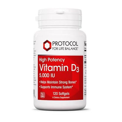 PROTOCOL FOR LIFE BALANCE - Vitamin D3 5000 IE (Hochdosiert) Unterstützt Kalziumaufnahme, Knochen- und Zahngesundheit, Immunsystem, Nervensystem und kognitive Funktion - 120 Softgels