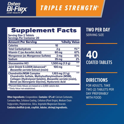 Osteo Bi-Flex Dreifachstärke Glucosamin Chondroitin Nahrungsergänzungsmittel – Verbessert Gelenkfunktion, Kraft, Flexibilität und Mobilität, 40 überzogene Tabletten