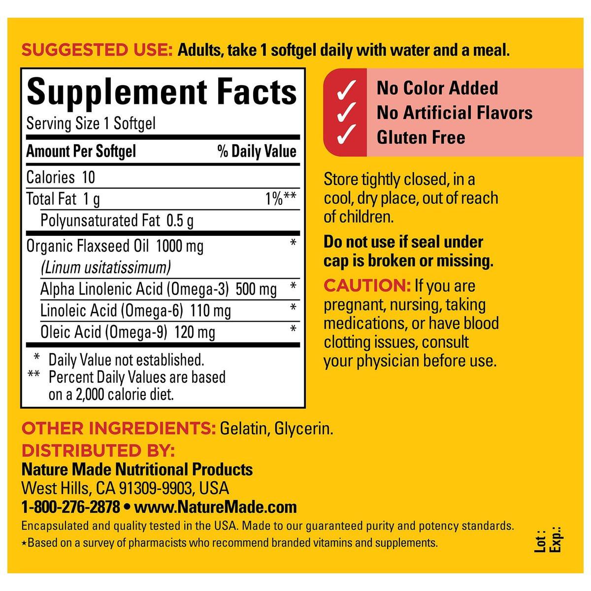 Nature Made Leinsamenöl 1000 mg, Omega-3 ohne Fisch, Nahrungsergänzungsmittel zur Unterstützung der Herzgesundheit, 100 Weichkapseln, 100-Tage-Vorrat