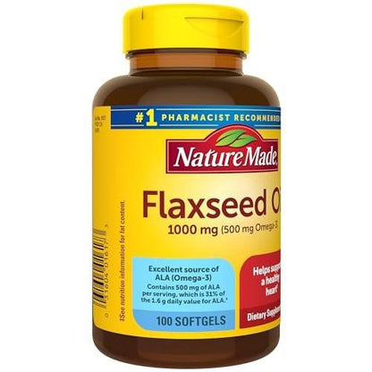 Nature Made Leinsamenöl 1000 mg, Omega-3 ohne Fisch, Nahrungsergänzungsmittel zur Unterstützung der Herzgesundheit, 100 Weichkapseln, 100-Tage-Vorrat