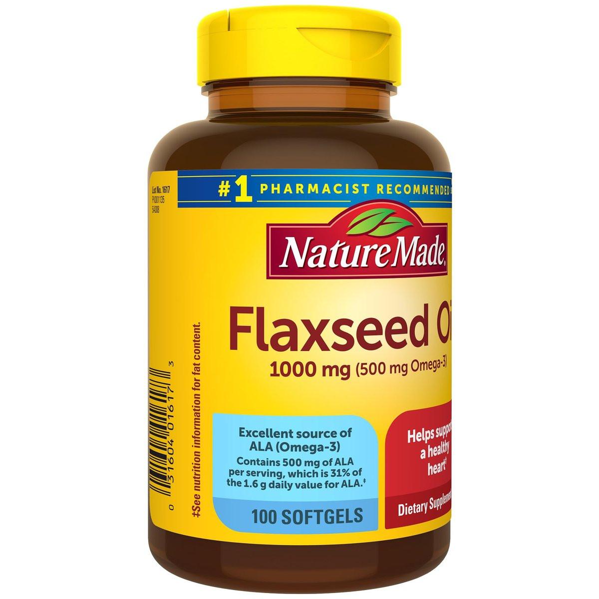 Nature Made Leinsamenöl 1000 mg, Omega-3 ohne Fisch, Nahrungsergänzungsmittel zur Unterstützung der Herzgesundheit, 100 Weichkapseln, 100-Tage-Vorrat
