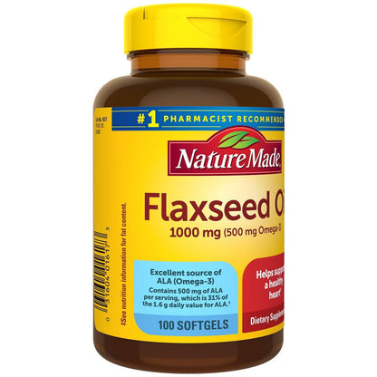 Nature Made Leinsamenöl 1000 mg, Omega-3 ohne Fisch, Nahrungsergänzungsmittel zur Unterstützung der Herzgesundheit, 100 Weichkapseln, 100-Tage-Vorrat