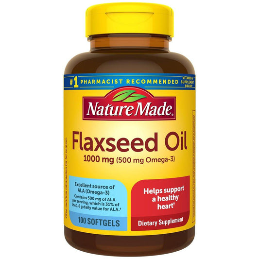 Nature Made Leinsamenöl 1000 mg, Omega-3 ohne Fisch, Nahrungsergänzungsmittel zur Unterstützung der Herzgesundheit, 100 Weichkapseln, 100-Tage-Vorrat