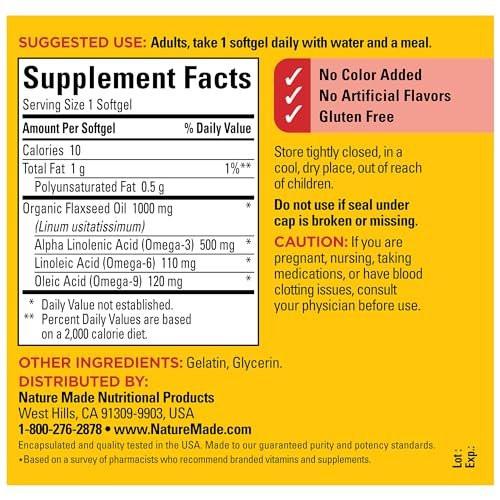 Nature Made Leinsamenöl 1000 mg, Omega-3 ohne Fisch, Nahrungsergänzungsmittel zur Unterstützung der Herzgesundheit, 100 Weichkapseln, 100-Tage-Vorrat