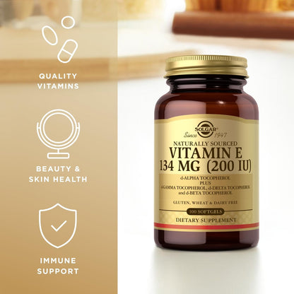 Solgar Vitamin E 200 IE – 100 Softgels – Natürliches Antioxidans, Unterstützung des Immunsystems – Glutenfrei, Laktosefrei – 100 Portionen