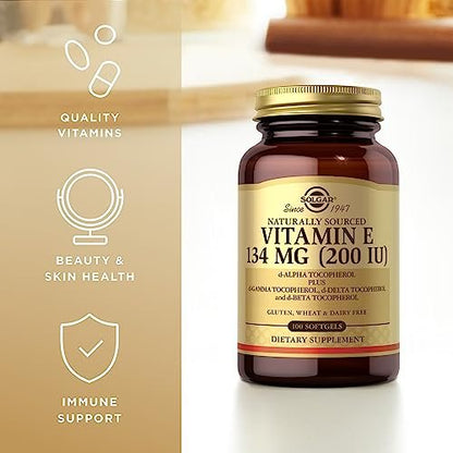 Solgar Vitamin E 200 IE – 100 Softgels – Natürliches Antioxidans, Unterstützung des Immunsystems – Glutenfrei, Laktosefrei – 100 Portionen