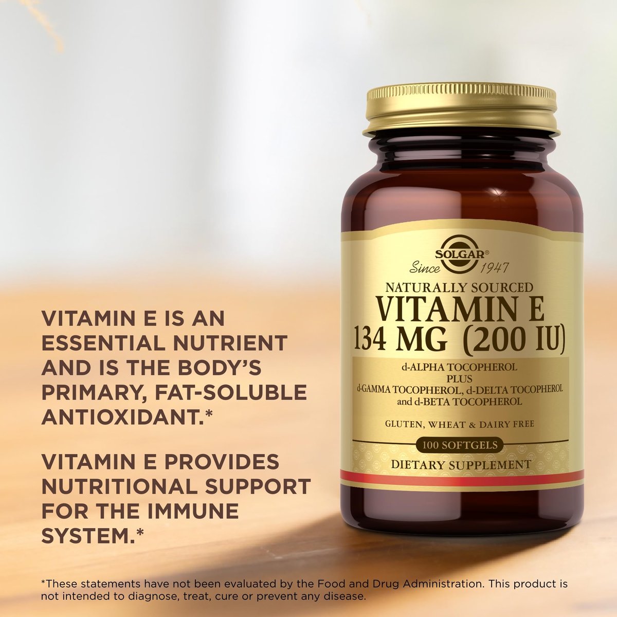 Solgar Vitamin E 200 IE – 100 Softgels – Natürliches Antioxidans, Unterstützung des Immunsystems – Glutenfrei, Laktosefrei – 100 Portionen