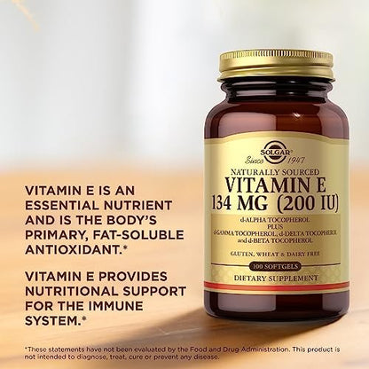 Solgar Vitamin E 200 IE – 100 Softgels – Natürliches Antioxidans, Unterstützung des Immunsystems – Glutenfrei, Laktosefrei – 100 Portionen