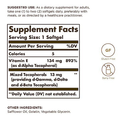 Solgar Vitamin E 200 IE – 100 Softgels – Natürliches Antioxidans, Unterstützung des Immunsystems – Glutenfrei, Laktosefrei – 100 Portionen