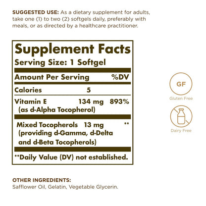 Solgar Vitamin E 200 IE – 100 Softgels – Natürliches Antioxidans, Unterstützung des Immunsystems – Glutenfrei, Laktosefrei – 100 Portionen