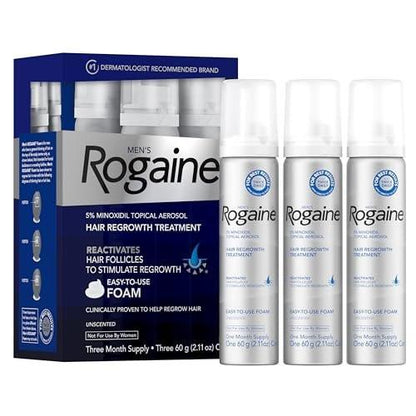 Men’s Rogaine 5% Minoxidil Schaum für Männer, klinisch erwiesener Haarwuchs bei dünner werdendem Haar, topische Haarausfallbehandlung, unparfümiert, Ergebnisse in 8–16 Wochen, 3-Monats-Vorrat, 3 x 2,11 oz