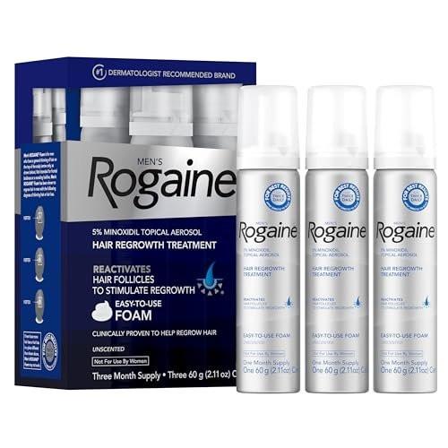 Men’s Rogaine 5% Minoxidil Schaum für Männer, klinisch erwiesener Haarwuchs bei dünner werdendem Haar, topische Haarausfallbehandlung, unparfümiert, Ergebnisse in 8–16 Wochen, 3-Monats-Vorrat, 3 x 2,11 oz