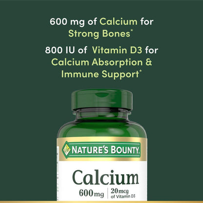 Nature's Bounty Calcium Carbonate & Vitamin D – 600 mg Calcium & 800 IU Vitamin D3, 250 Tabletten – Unterstützt Knochen- und Immungesundheit