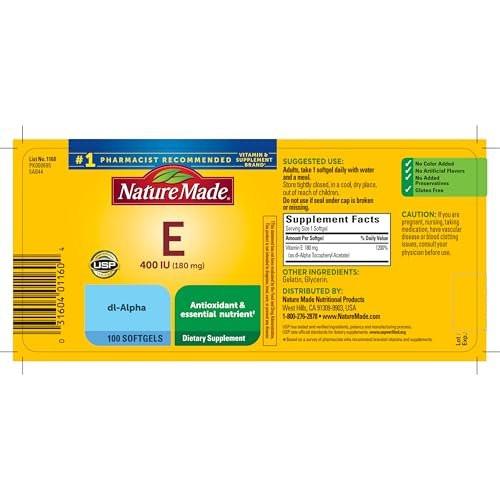 Nature Made Vitamin E 180 mg (400 IU) dl-Alpha – Nahrungsergänzungsmittel für Antioxidans- und Hautunterstützung, 100 Weichkapseln, 100-Tage-Versorgung