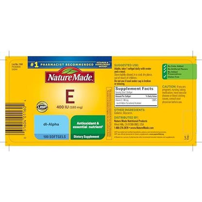 Nature Made Vitamin E 180 mg (400 IU) dl-Alpha – Nahrungsergänzungsmittel für Antioxidans- und Hautunterstützung, 100 Weichkapseln, 100-Tage-Versorgung