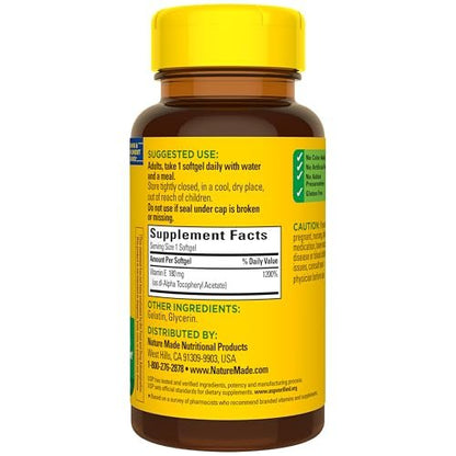 Nature Made Vitamin E 400 IE Weichkapseln 267 mg d-Alpha, Nahrungsergänzungsmittel für Antioxidantien- und Hautunterstützung, 100 Weichkapseln, 100-Tage-Vorrat