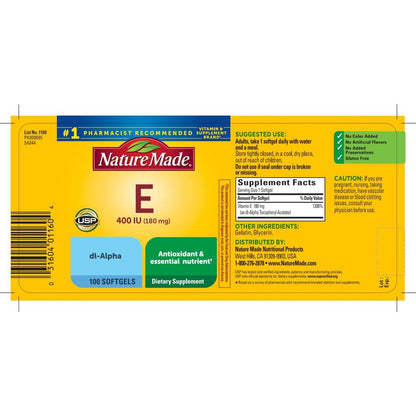Nature Made Vitamin E 180 mg (400 IU) dl-Alpha – Nahrungsergänzungsmittel für Antioxidans- und Hautunterstützung, 100 Weichkapseln, 100-Tage-Versorgung