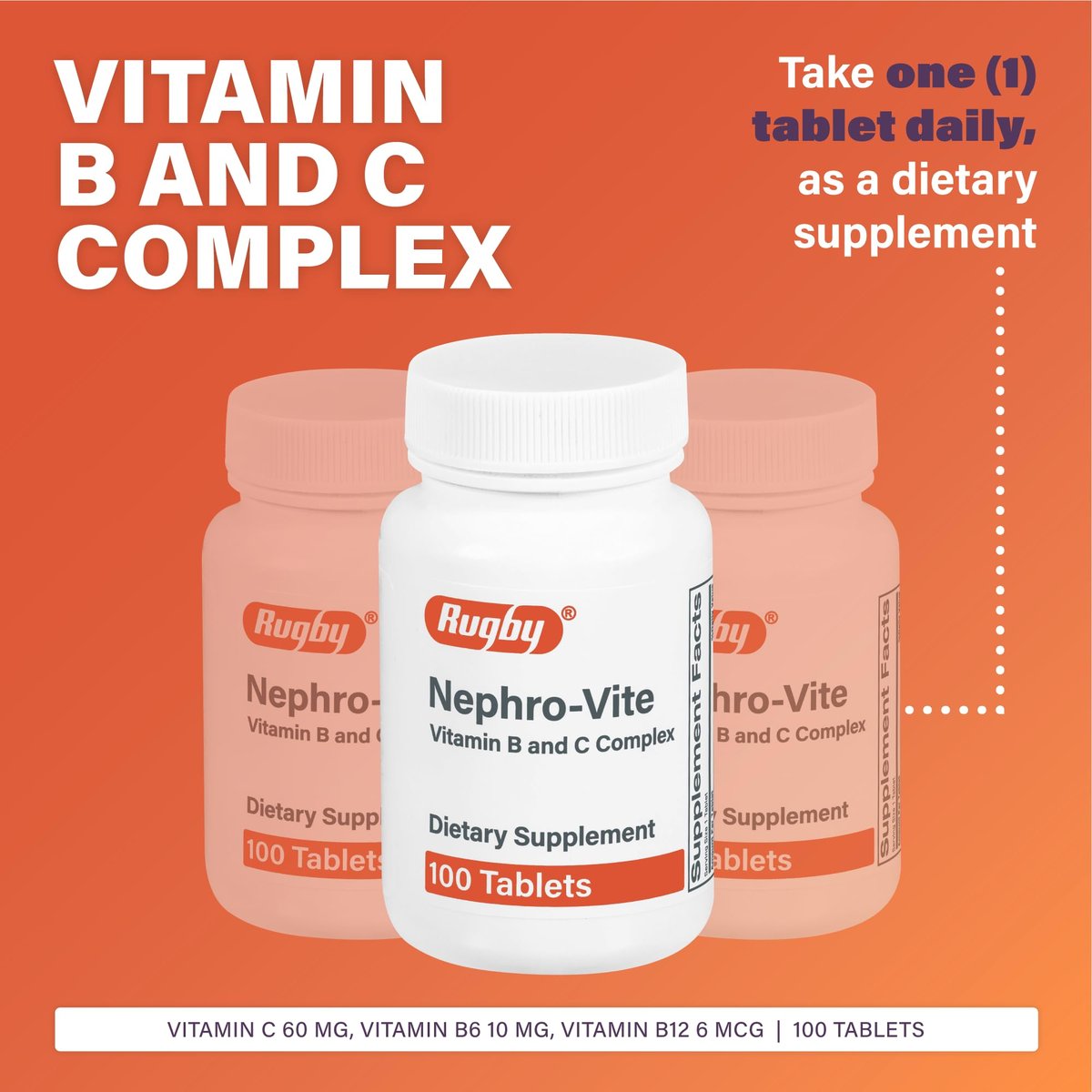 Rugby Nephro-Vite Vitamin B und C Komplex Tabletten - Nahrungsergänzungsmittel - 100 Stück (1 Packung)