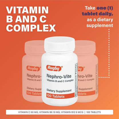 Rugby Nephro-Vite Vitamin B und C Komplex Tabletten - Nahrungsergänzungsmittel - 100 Stück (1 Packung)
