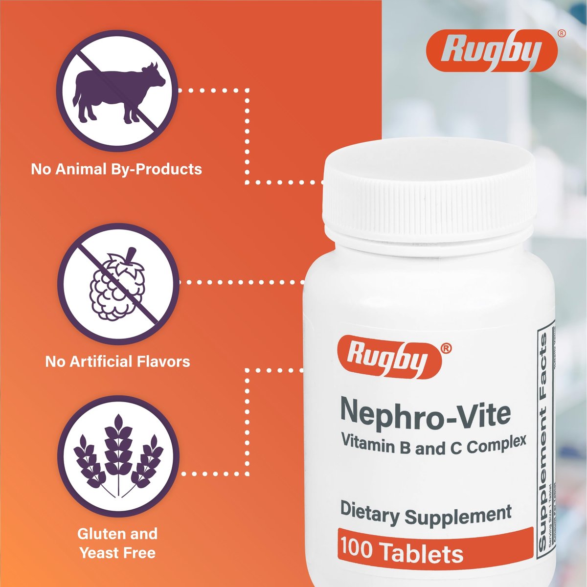 Rugby Nephro-Vite Vitamin B und C Komplex Tabletten - Nahrungsergänzungsmittel - 100 Stück (1 Packung)