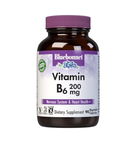 Bluebonnet Nutrition Vitamin B6 Kapseln, 200 mg, für Herz-Kreislauf- und Nervensystem, Sojafrei, Glutenfrei, Koscher, Milchfrei, Vegan, Nicht-GMO, 90 Kapseln