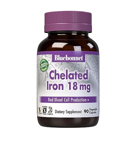 Bluebonnet Nutrition Chelated Eisen 18 mg – Nicht verstopfend, Soja-frei, Glutenfrei, Nicht-GVO, Koscher, Milchfrei, Vegan – 90 Kapseln