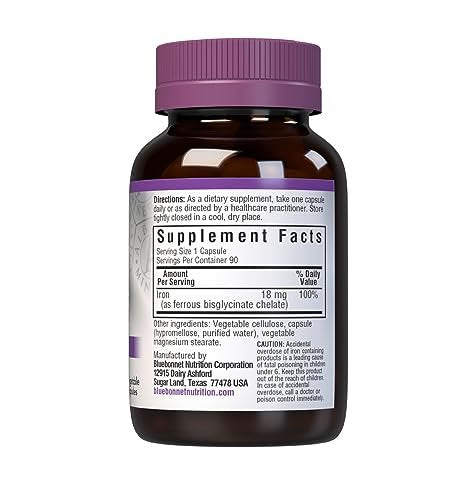 Bluebonnet Nutrition Chelated Eisen 18 mg – Nicht verstopfend, Soja-frei, Glutenfrei, Nicht-GVO, Koscher, Milchfrei, Vegan – 90 Kapseln