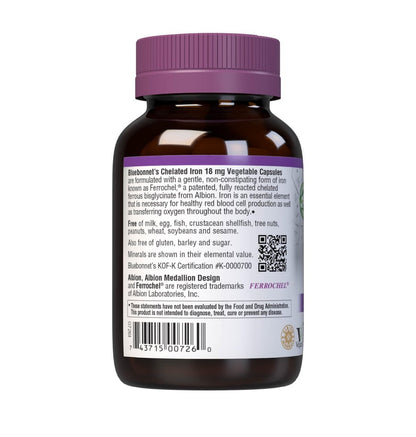 Bluebonnet Nutrition Chelated Eisen 18 mg – Nicht verstopfend, Soja-frei, Glutenfrei, Nicht-GVO, Koscher, Milchfrei, Vegan – 90 Kapseln