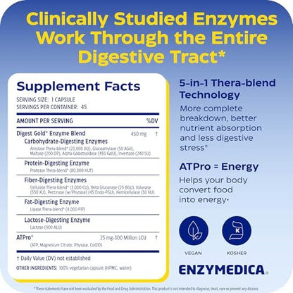 Enzymedica Digest Gold + ATPro, Maximale Stärke Verdauungsenzyme, Hilft bei großen Mahlzeiten für sofortige Blähungslinderung, 45 Kapseln