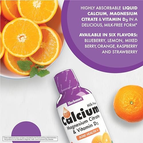 Bluebonnet Nutrition Flüssiges Calciumcitrat Magnesiumcitrat mit Vitamin D3 – Orangengeschmack, 473 ml (16 Fl Oz), 32 Portionen – Für starke Knochen, glutenfrei, sojafrei, milchfrei, koscher