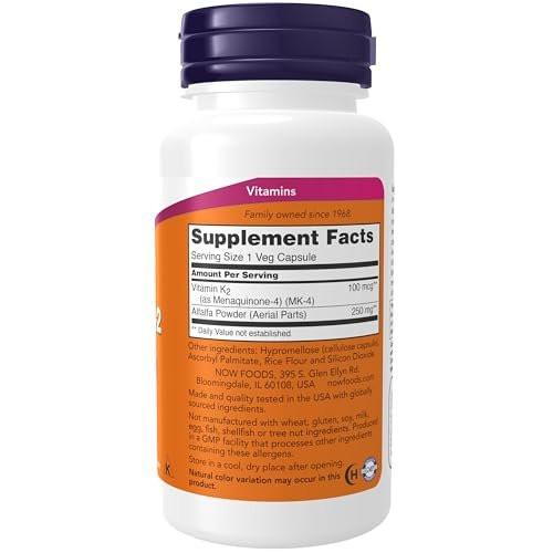 NOW Foods Vitamin K-2 100 mcg, Menaquinon-4 (MK-4), 100 vegane Kapseln – Unterstützt die Knochengesundheit