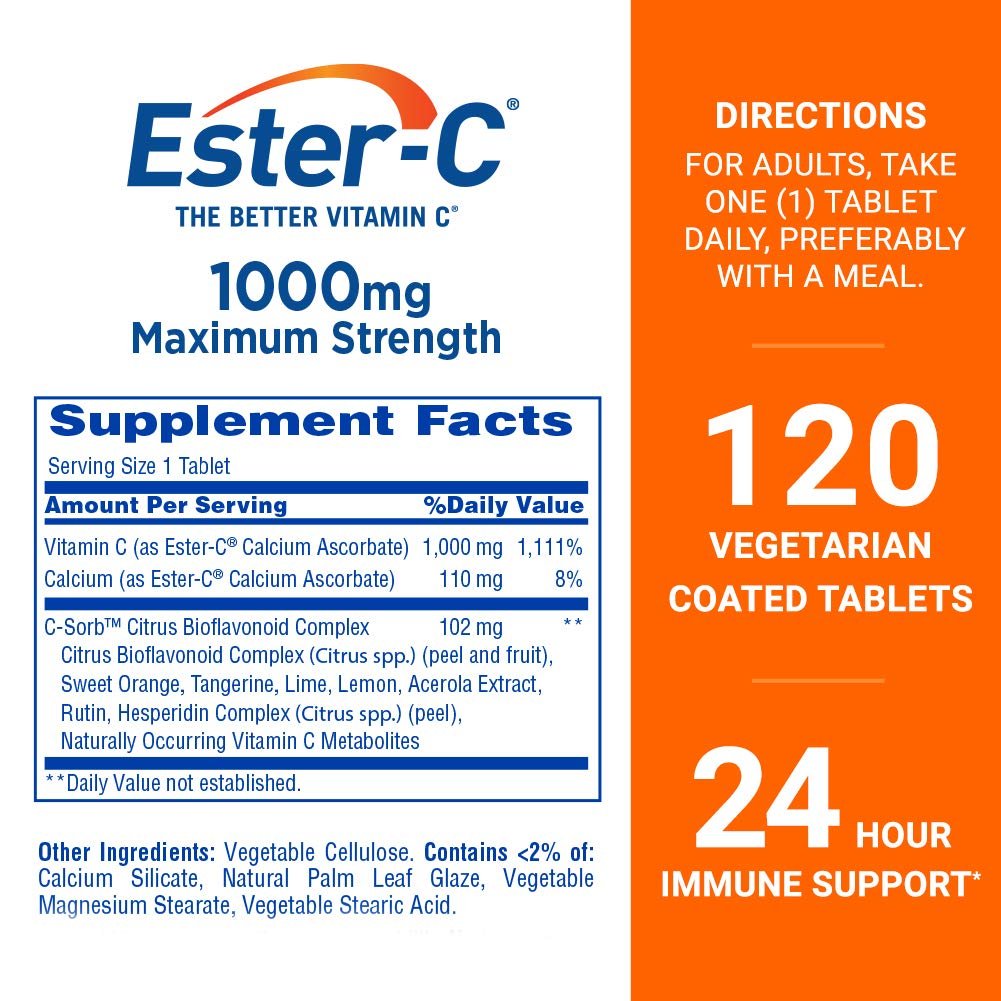 Ester-C Vitamin C 1000 mg beschichtete Tabletten – Immunsystem-Booster, magenfreundlich, 120 Stück