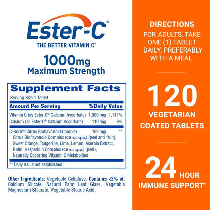 Ester-C Vitamin C 1000 mg beschichtete Tabletten – Immunsystem-Booster, magenfreundlich, 120 Stück