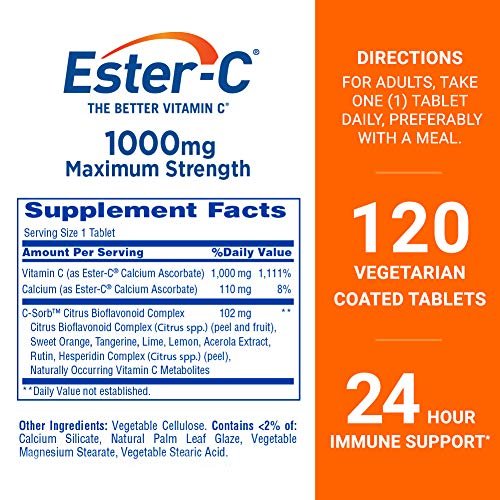 Ester-C Vitamin C 1000 mg beschichtete Tabletten – Immunsystem-Booster, magenfreundlich, 120 Stück