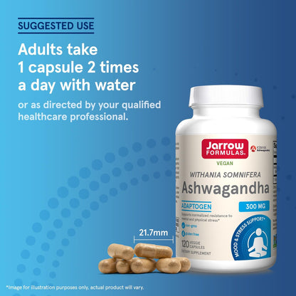 Jarrow Formulas Ashwagandha Kapseln, 300 mg, Unterstützt die normale Stressresistenz, 120 vegane Kapseln, 60 Tage Vorrat