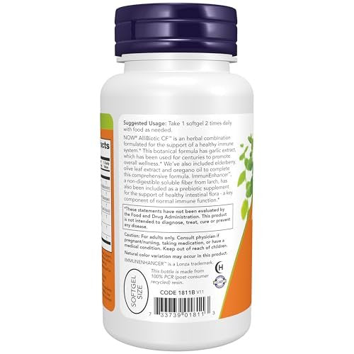 NOW Foods AlliBiotic CF™ – Knoblauch-, Olivenblatt-, Holunder- und Oregano-Extrakt, nicht schläfrig machende Formel, 60 Softgels