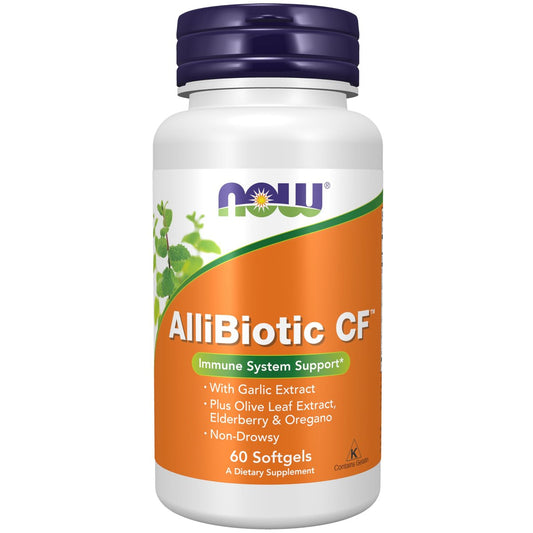 NOW Foods AlliBiotic CF™ – Knoblauch-, Olivenblatt-, Holunder- und Oregano-Extrakt, nicht schläfrig machende Formel, 60 Softgels