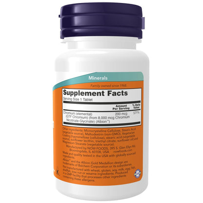 NOW Foods GTF Chrom 200 mcg – 100 Tabletten, Glukosetoleranzfaktor, Insulin-Co-Faktor