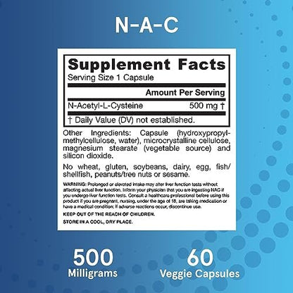 Jarrow Formulas® N-A-C 500 mg – Nahrungsergänzungsmittel mit Antioxidantien für die Lebergesundheit, 60 vegane Kapseln, 60-Tage-Vorrat