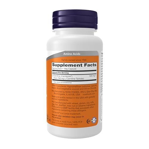 NOW Foods L-Carnitin 500 mg, Reine Aminosäure, Fitnessunterstützung*, 60 vegane Kapseln