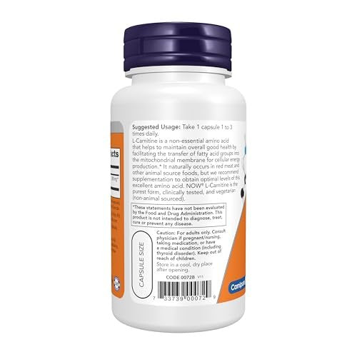 NOW Foods L-Carnitin 500 mg, Reine Aminosäure, Fitnessunterstützung*, 60 vegane Kapseln