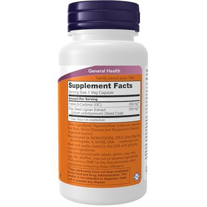NOW Foods Indol-3-Carbinol 200 mg mit Flachsamen-Extrakt, 60 vegane Kapseln